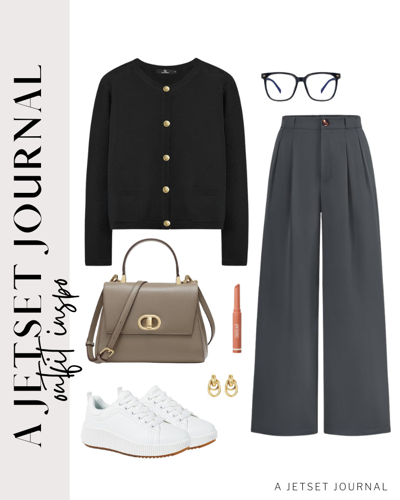 You will love pairing this black cardigan with gray wide-leg dress pants and LUCKY STEP sneakers for a smart look. I also discovered this nice lip balm from Prime Prometics and chunky gold earrings that perfectly fit this outfit. 

 #LTKSeasonal #LTKSaleAlert #LTKTravel