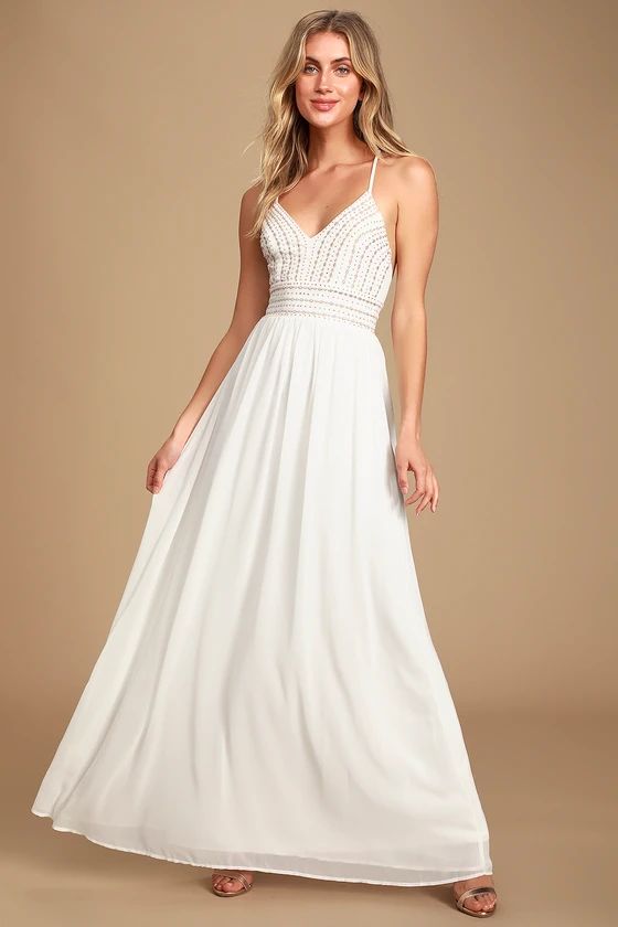 Meet Me in Madrid White Beaded Maxi Dress | Lulus (US)