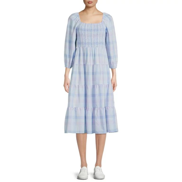 Time and Tru Women's Long Sleeve Smocked Midi Dress - Walmart.com | Walmart (US)