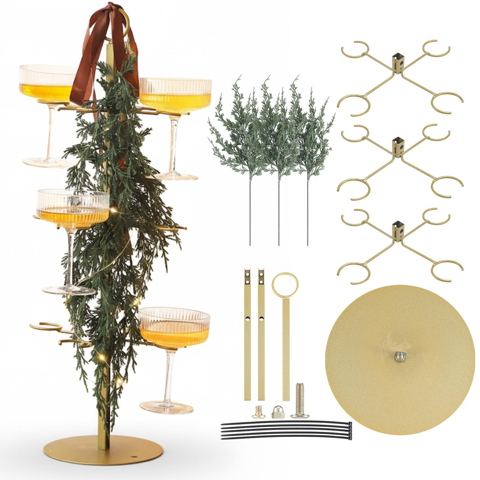 Christmas Cocktail Tree Stand with 3 Green Rattan and Bow, 3 Tier 12 Holders Gold Tree Tower Stan... | Amazon (US)