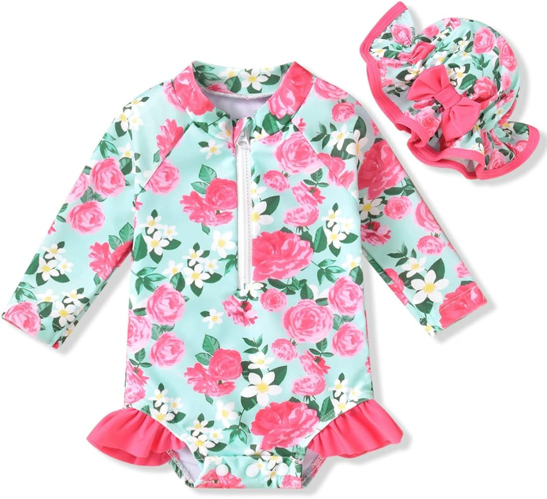 Aalizzwell Baby Girls Long Sleeve One Piece Swimsuit with Hat | Amazon (US)