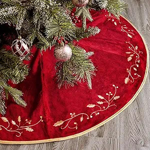 Christmas Tree Skirt, 48 inches Red Luxury Velvet Plush Fur Skirts with Gold Embroidered Holly Le... | Amazon (US)
