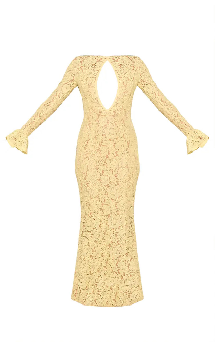Pale Yellow Lace Keyhole Long Flared Sleeve Maxi Dress | PrettyLittleThing UK