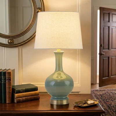 23" Green Crackle Ceramic Table Lamp With Linen Shade And Antique Brass Base | Wayfair North America