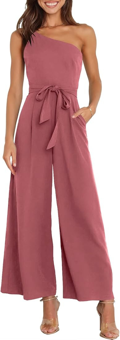 Caracilia Women's Summer Dressy One Shoulder Strap Tie Waist Zipper Back Wide Leg Jumpsuit Romper... | Amazon (US)