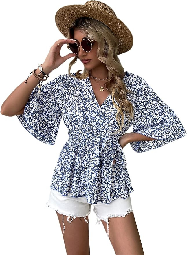 Romwe Women's Half Sleeve Wrap V Neck Belted Ruffle Hem Peplum Blouse Tops | Amazon (US)