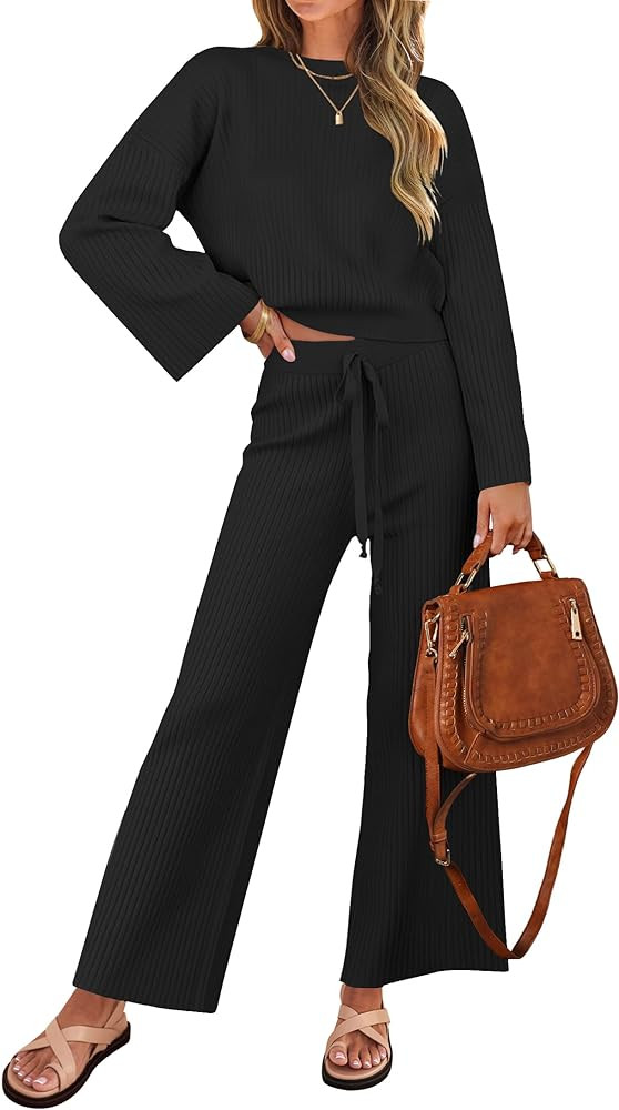 ZESICA Women's 2 Piece Outfits Set 2025 Casual Long Sleeve Knit Pullover Top and Wide Leg Pants S... | Amazon (US)