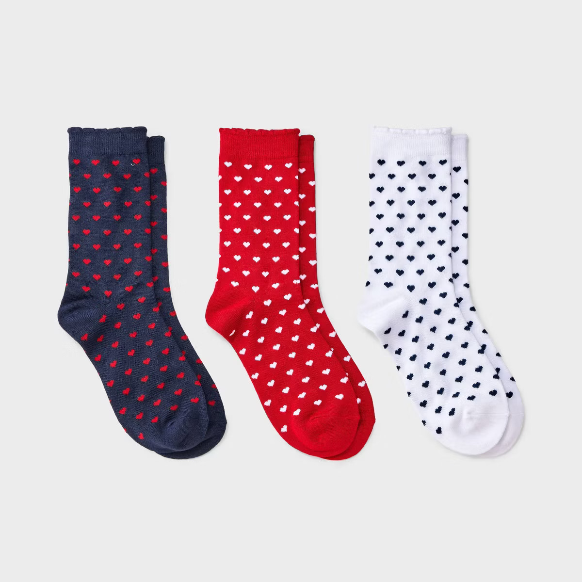 Women's Mini Hearts Scallop Cuff Valentine's Day 3pk Crew Socks - 4-10 | Target