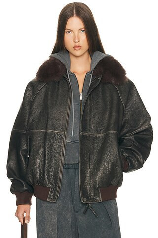 Helsa The Oversized Leather Bomber With Faux Fur Collar in Black - Black. Size XXS (also in L, M, S, XS). | FWRD 