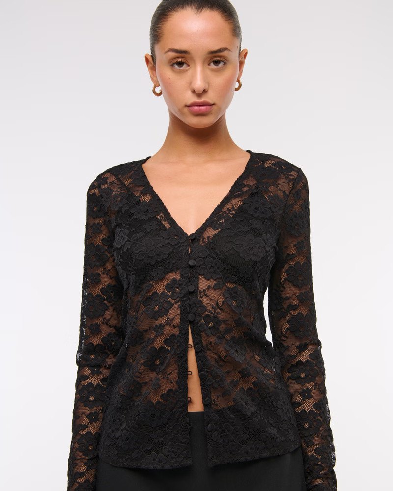 Long-Sleeve Lace Button-Through Top | Abercrombie & Fitch (US)