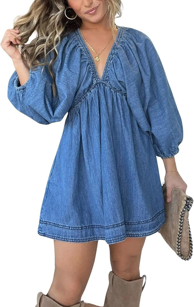 utcoco Denim Dress for Women Puff 3/4 Sleeves V Neck Swing A Line Cute Babydoll Mini Jean Dresses... | Amazon (US)