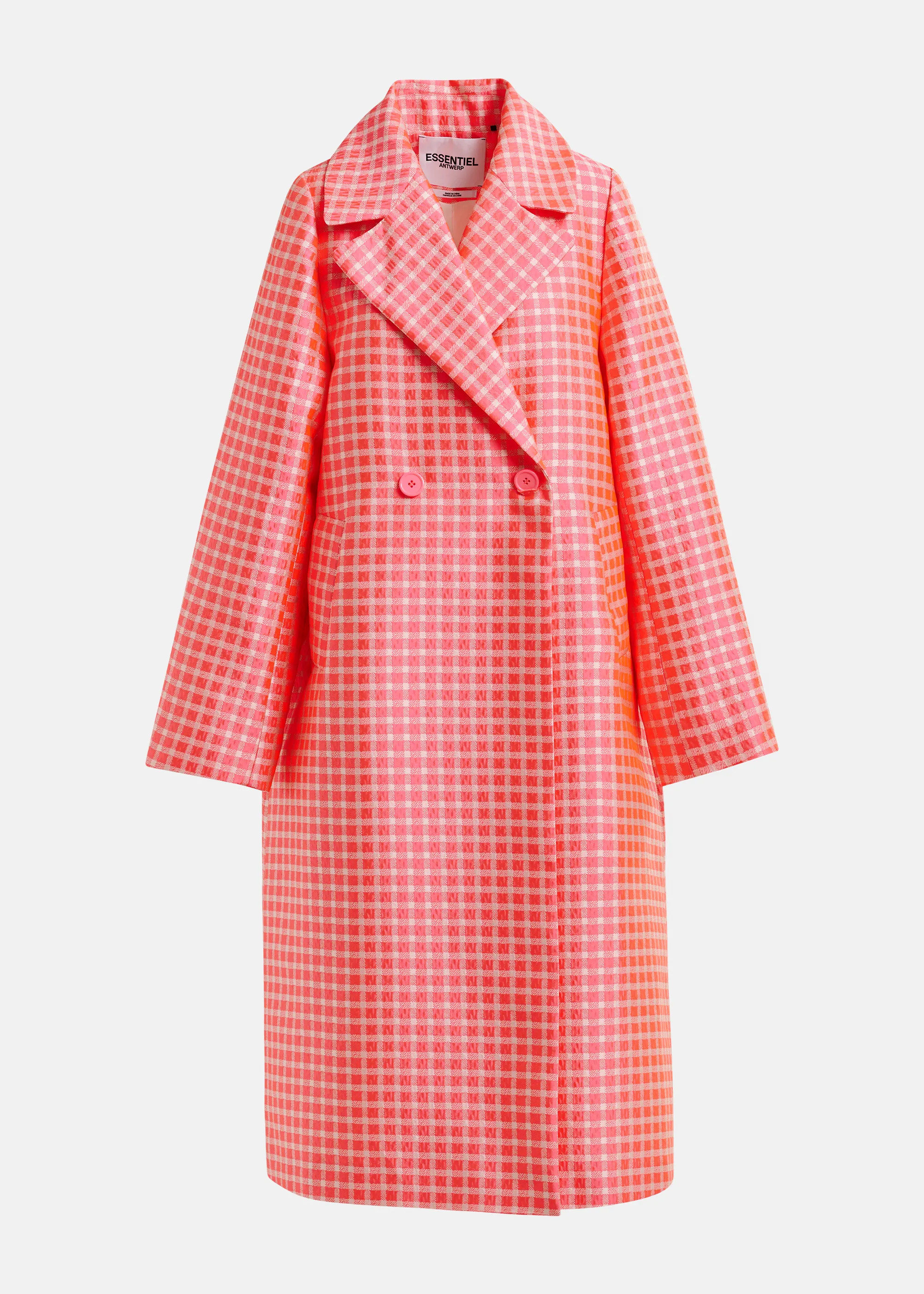 Orange and light pink double-breasted coat with check pattern | Essentiel Antwerp United Kingdom | Essentiel Antwerp