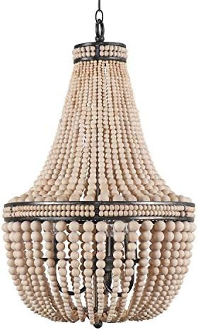 Farmhouse Wood Beaded Chandelier Ceiling Pendant 3-Light Fixture Wooden Bead and Metal Chandelier... | Amazon (US)