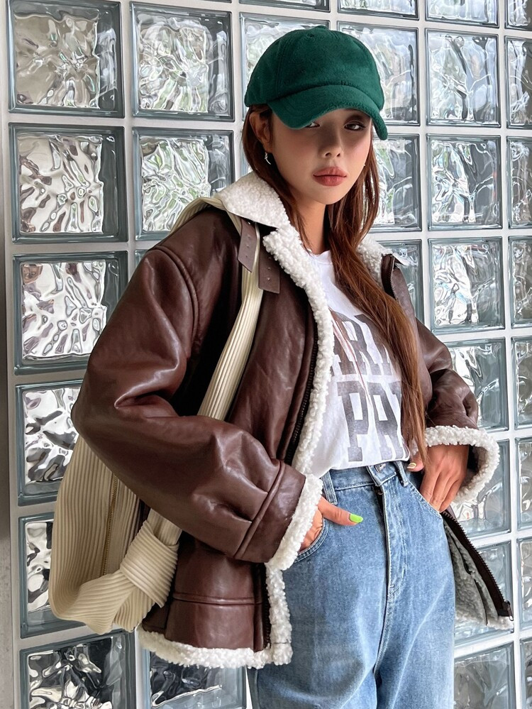 DAZY Teddy Lined Drop Shoulder Zip Up Coat | SHEIN