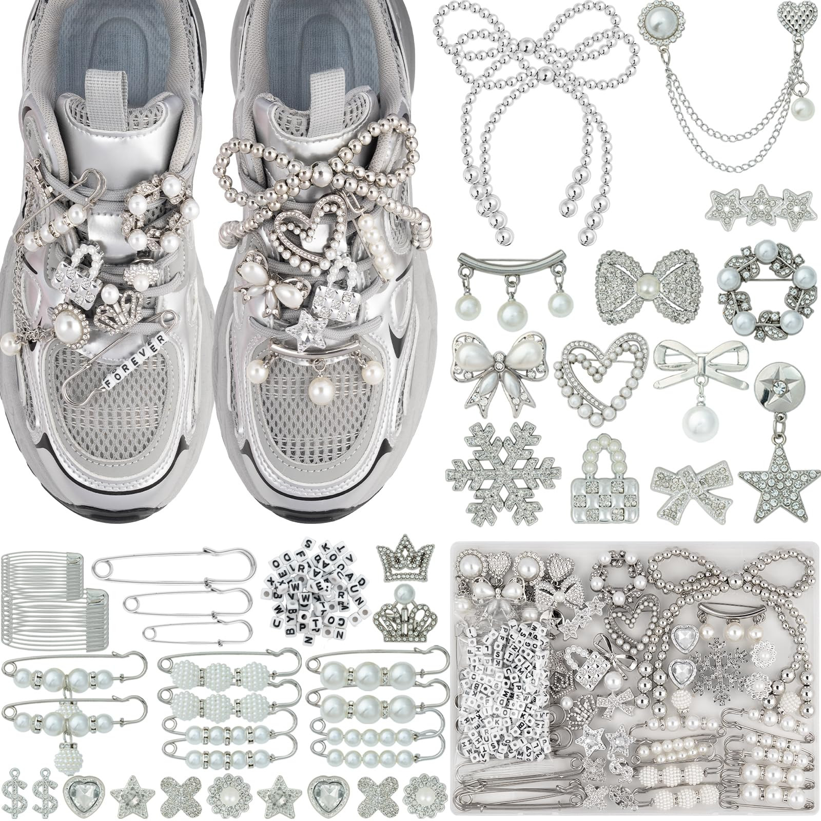 DoDoBeads 332 Pcs Junk Socks Charms Kit, Silver Shoe Charms for Sneakers, Pearl and Rhinestone So... | Amazon (US)