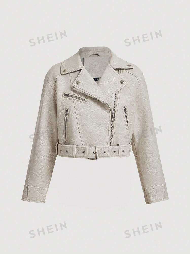 SHEIN X  Ignacia Antonia SHEIN Essnce Street Style Biker Faux Leather Short Jacket With Lapel Col... | SHEIN