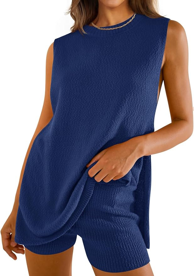 ZESICA Women's Summer Two Piece Sweater Lounge Sets 2024 Casual Knit Trendy Tunic and Shorts Outf... | Amazon (US)