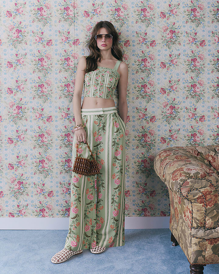 Green Floral Ruffle Trim Corset Top | River Island UK & IE