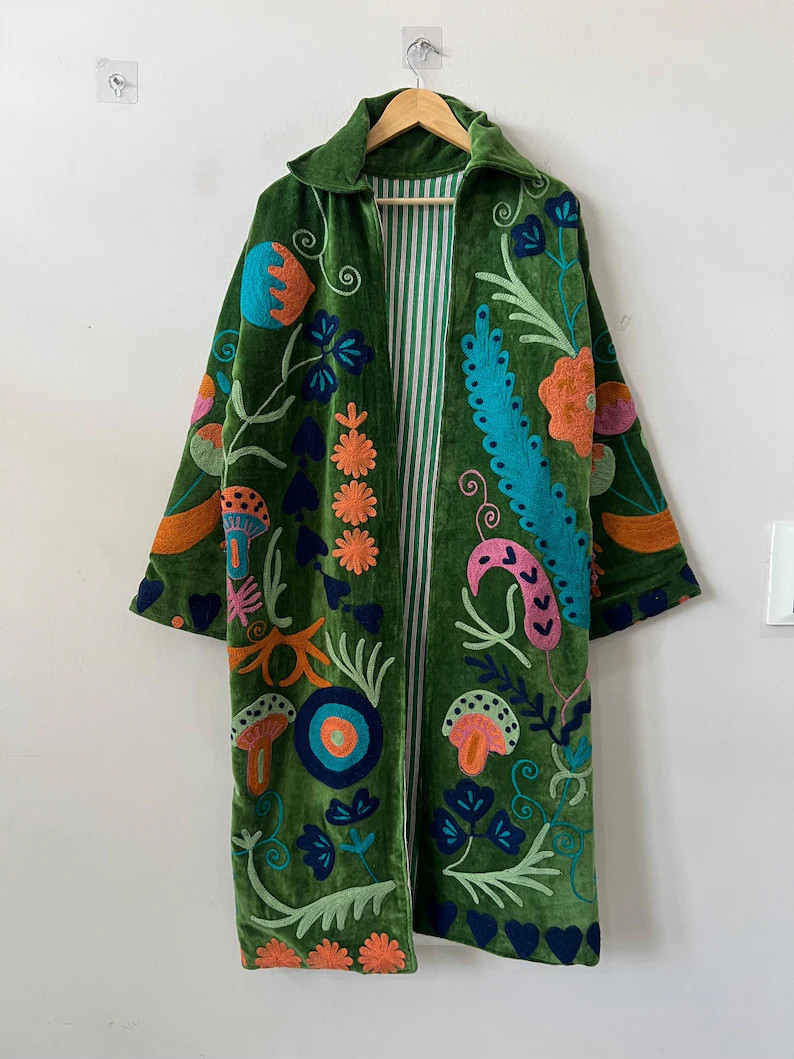 Green Long Velvet Suzani Robe Jacket \u2013embroidered Boho Coat \u2013 Uzbek Textile \u2013 Bohe... | Etsy (Global)