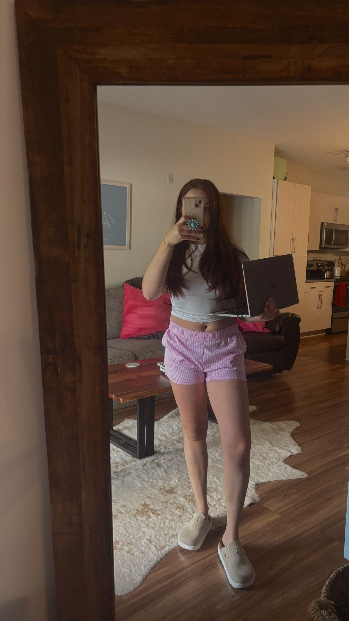 Work from home outfit of the day! Wearing a small in both the boxer shorts and white tshirt. Platform Birkenstock dupes are a size 7.