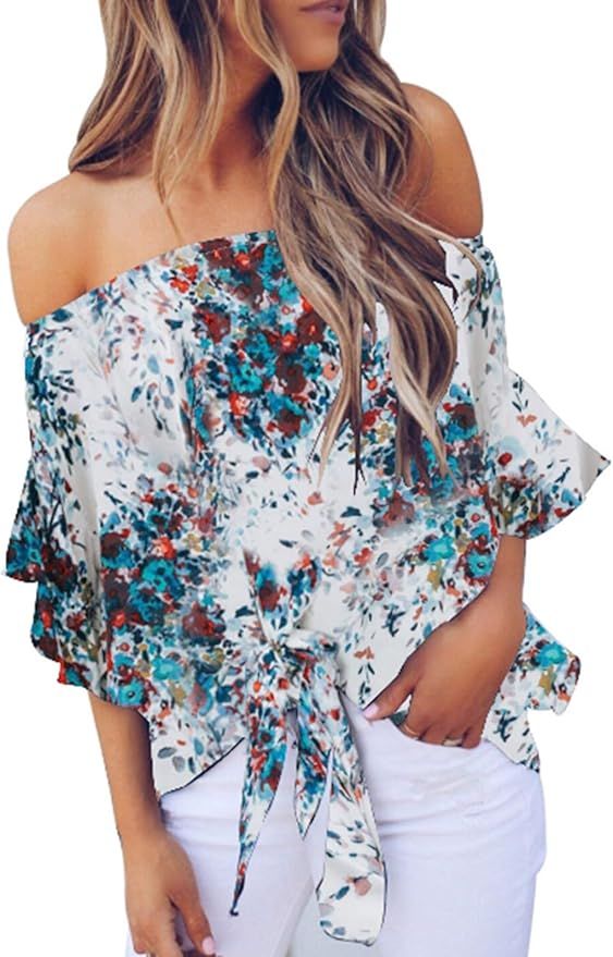 Asvivid Women's Floral T-Shirt Printed Off The Shoulder Tops 3 4 Flare Sleeve Tie Knot | Amazon (US)