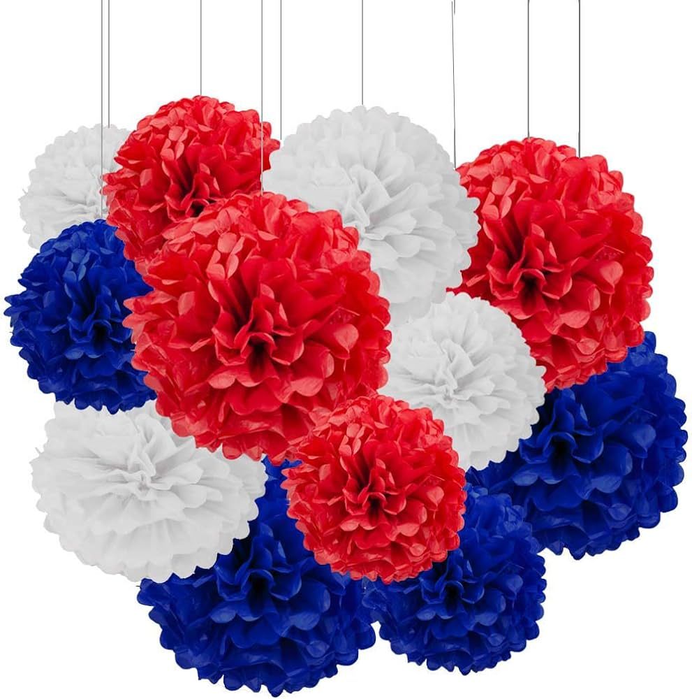 Aimto 12pcs Red,White and Blue Paper Pom Poms Decorations for Party Ceiling Wall Hanging Tissue F... | Amazon (US)