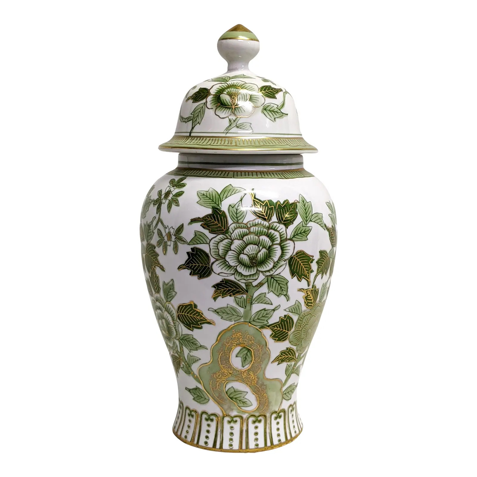 1970s Andrea by Sadek Green & Gold Floral Ginger Jar | Chairish