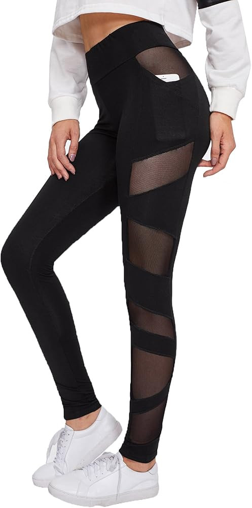 SweatyRocks Women's Mesh Panel Side High Waist Leggings Skinny Workout Yoga Pants | Amazon (US)