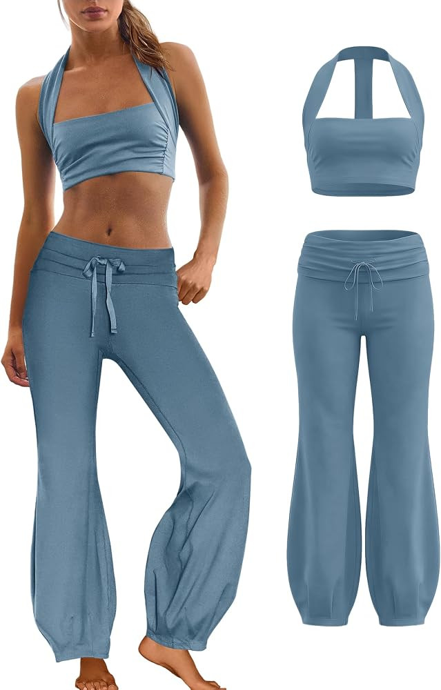 Panadila Women 2 Piece Yoga Sets Pilates Outfit Halter Sports Bra Fold Over Flare Leggings Matchi... | Amazon (US)