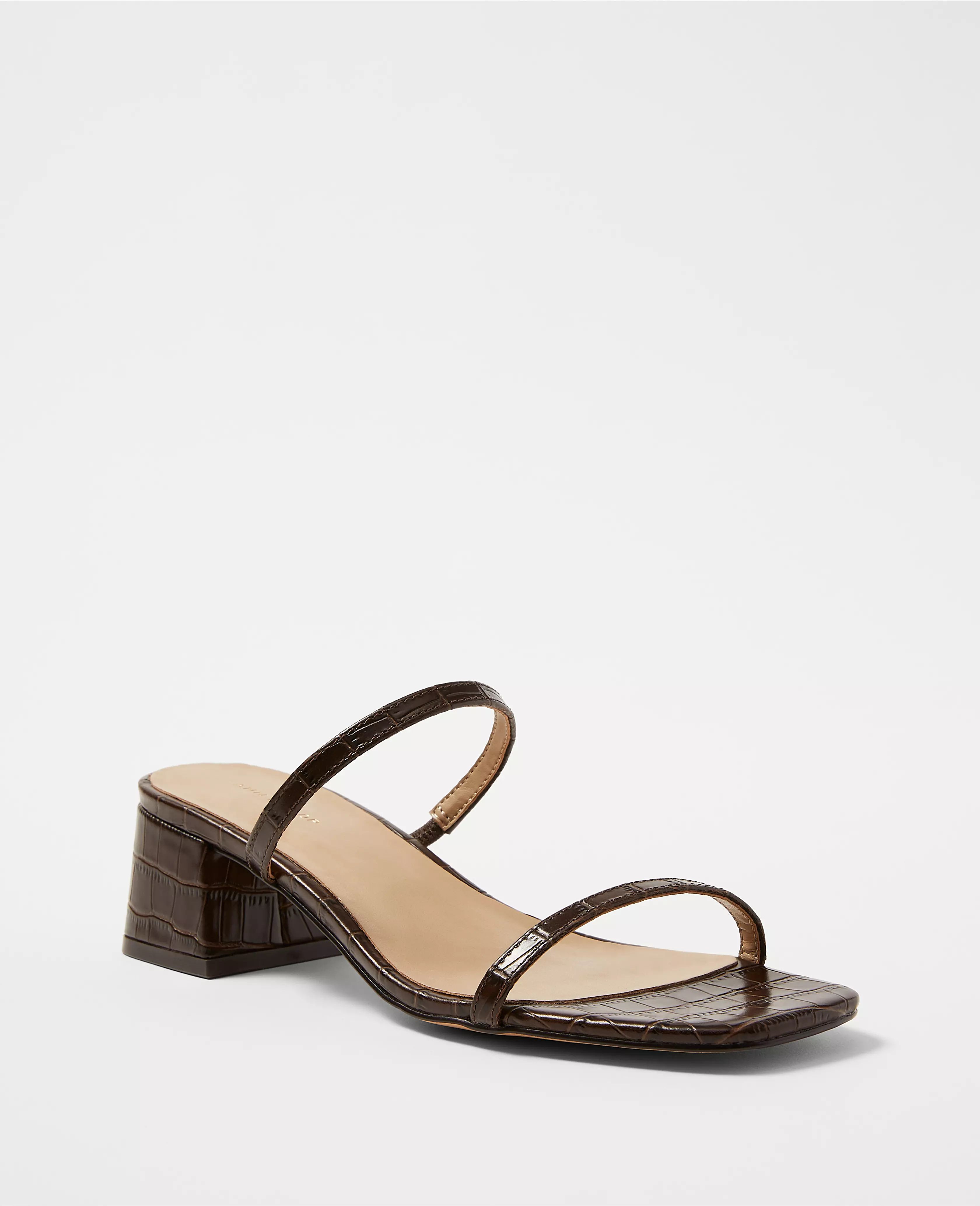Embossed Leather Two Strap Block Heel Sandals | Ann Taylor (US)