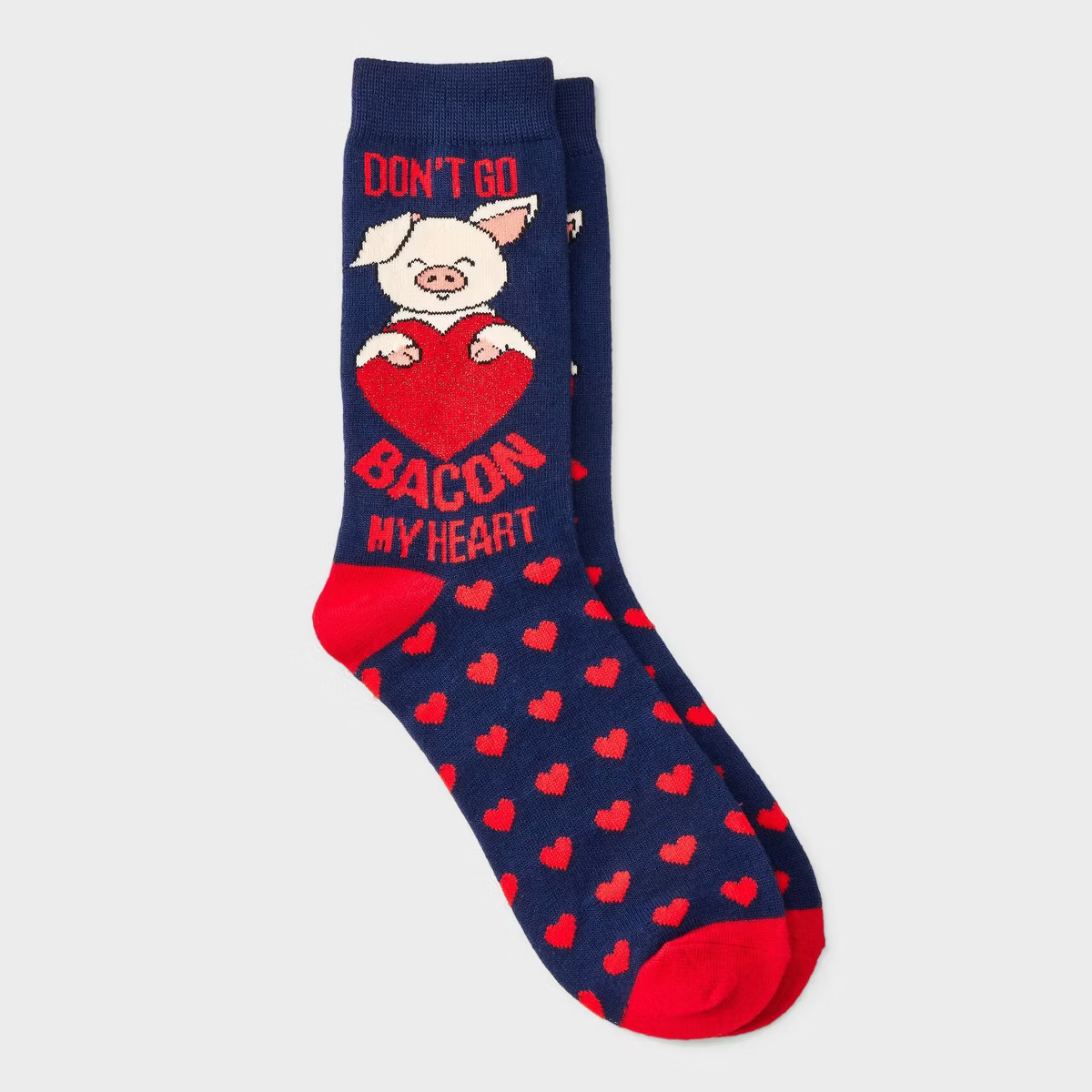 Women's Pig 'Don't Go Bacon My Heart' Valentine's Day Crew Socks - Navy/Red 4-10 | Target