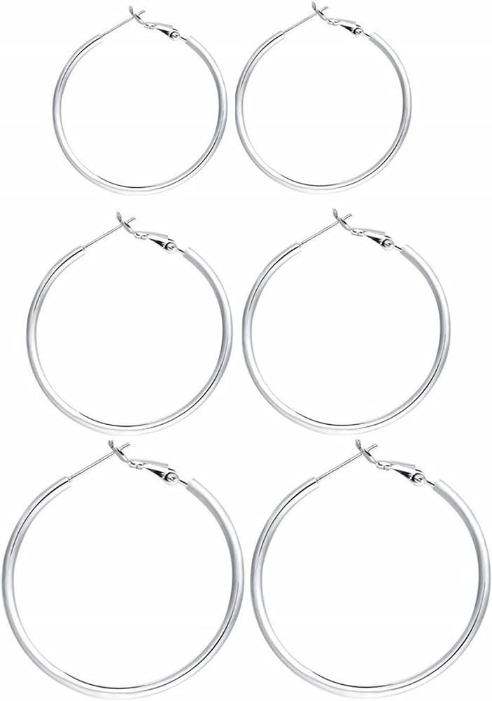 3 Pairs Sterling Silver Hoop Earrings - 14k White Gold Plated Hoop Earrings Big Hoop Earrings Set... | Amazon (US)