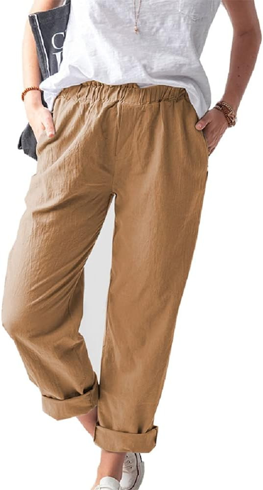 Women's Straight Pants Elastic Waist Casual Trousers Pants with Pockets | Amazon (US)