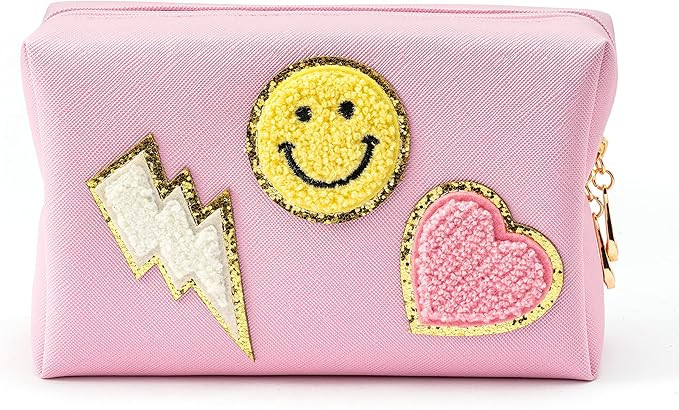 LieToi Preppy Patch Small Toiletry Bag Smile Lightning Heart PU Leather Portable Waterproof Makeu... | Amazon (US)