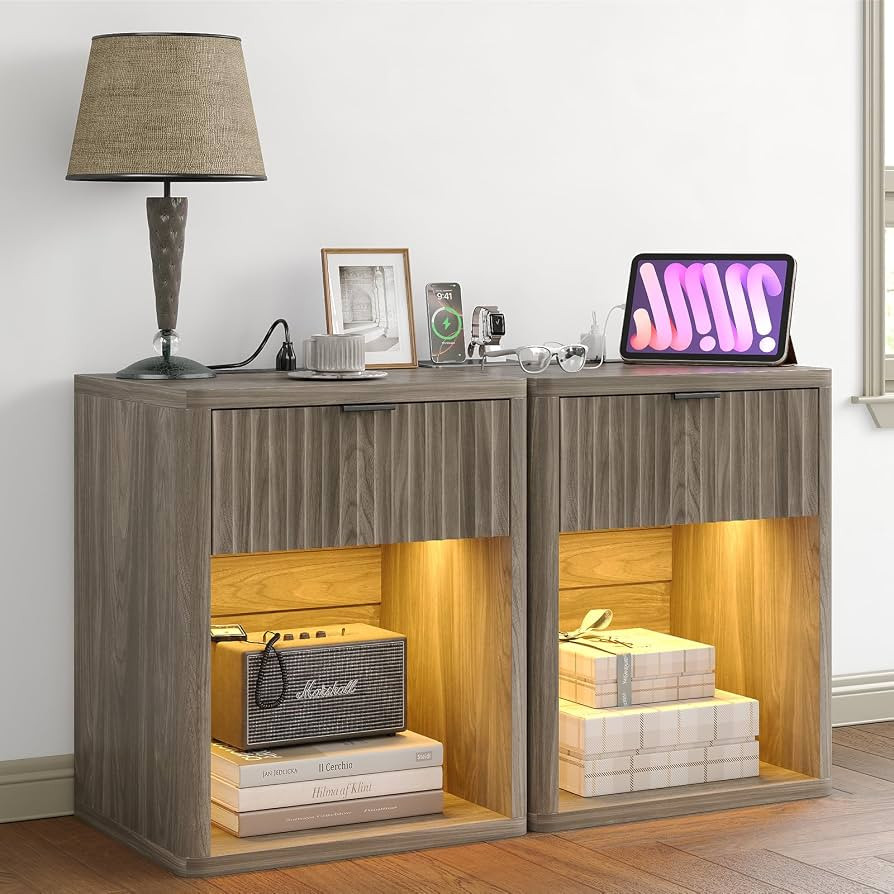 FUSOU Fluted Night Stand Set of 2 with Charging Station & LED Lights, Modern Bedside Tables with ... | Amazon (US)