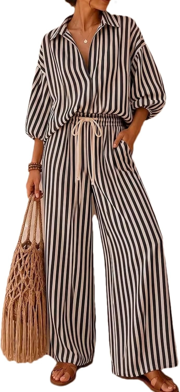 Womens Striped 2 Piece Outfit 3/4 Sleeve Wide Leg Pant with Pocket | Amazon (US)