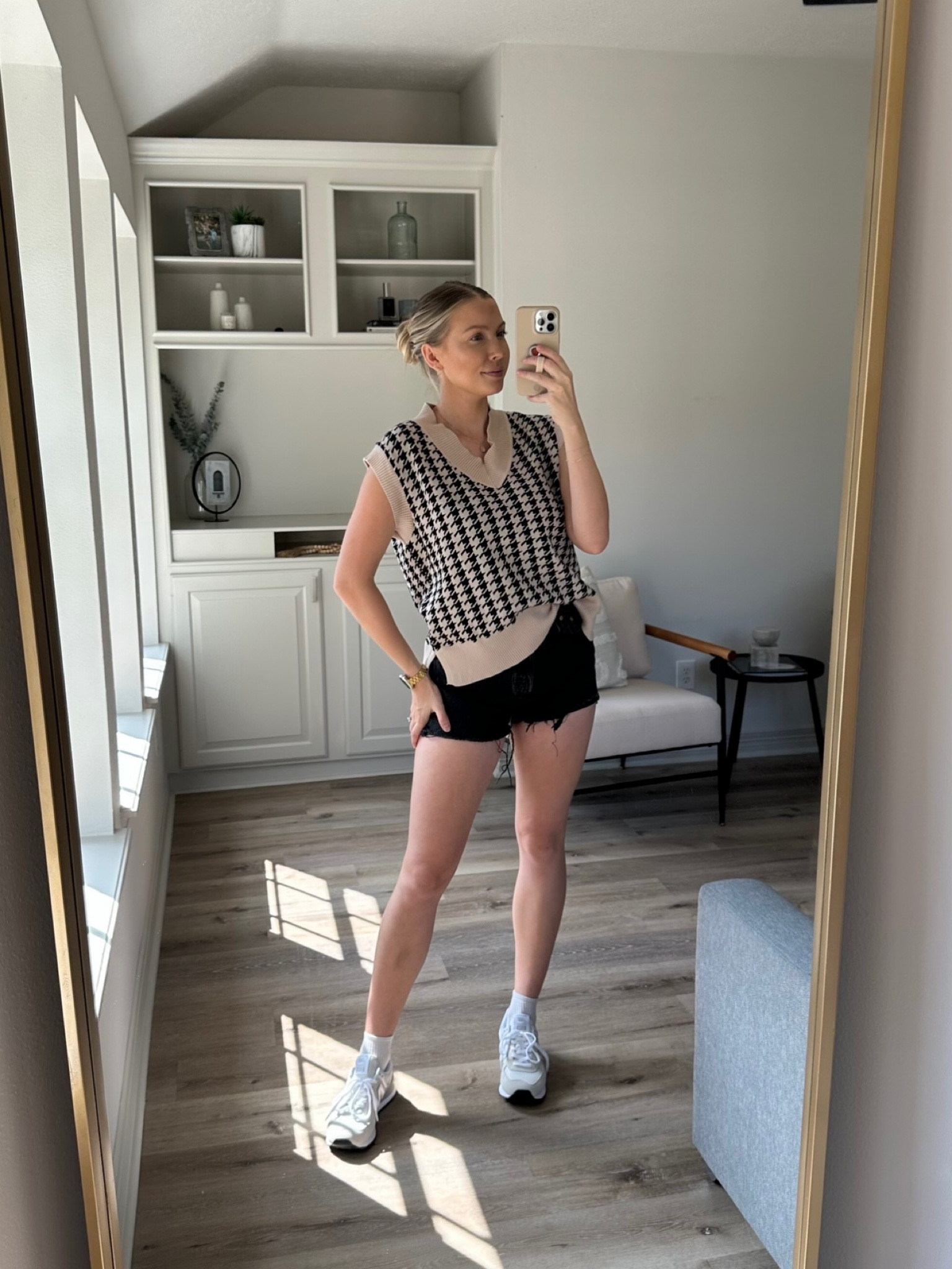 Casual fall mom outfit 
Sweater vest in S
Size up in jean shorts
Size up .5 in new balance sneakers 

#LTKSeasonal #LTKshoecrush #LTKstyletip