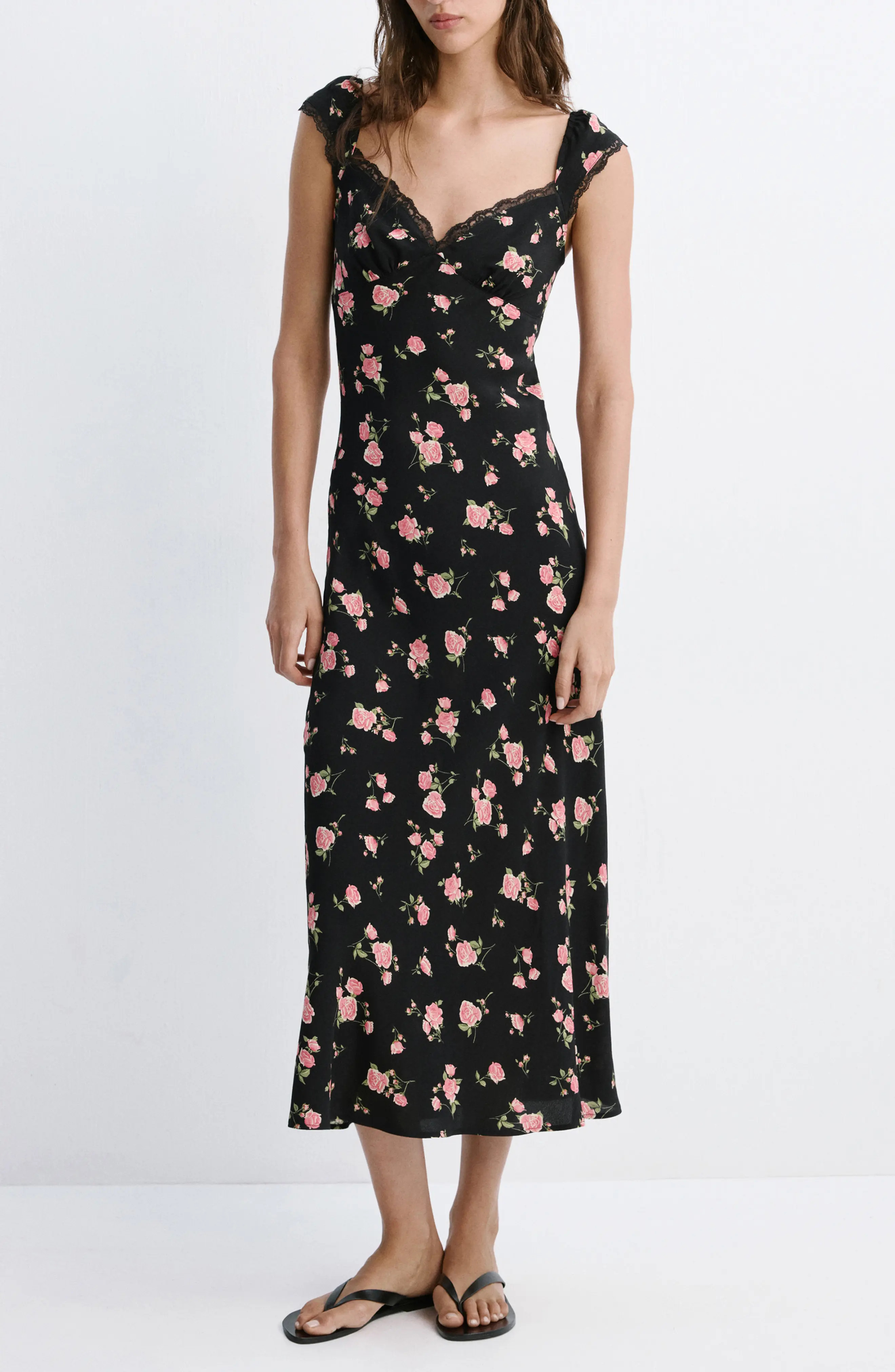 MANGO Floral Lace Trim Midi Dress (Women) | Nordstrom | Nordstrom