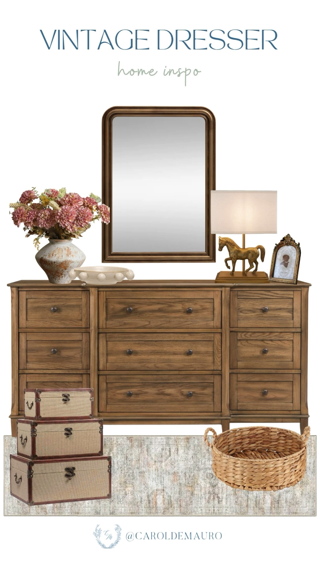 Give your space a timeless feel by pairing a vintage-inspired wooden dresser with elegant accents, like a gold-framed mirror and a brass horse lamp! Complete the look with woven storage trunks, a round seagrass basket, and a textured vase filled with seasonal blooms.

home decor, interior inspo, design tips, spring refresh, cozy home, warm tones, neutral decor, living room furniture

#LTKU #LTKHome #LTKSeasonal