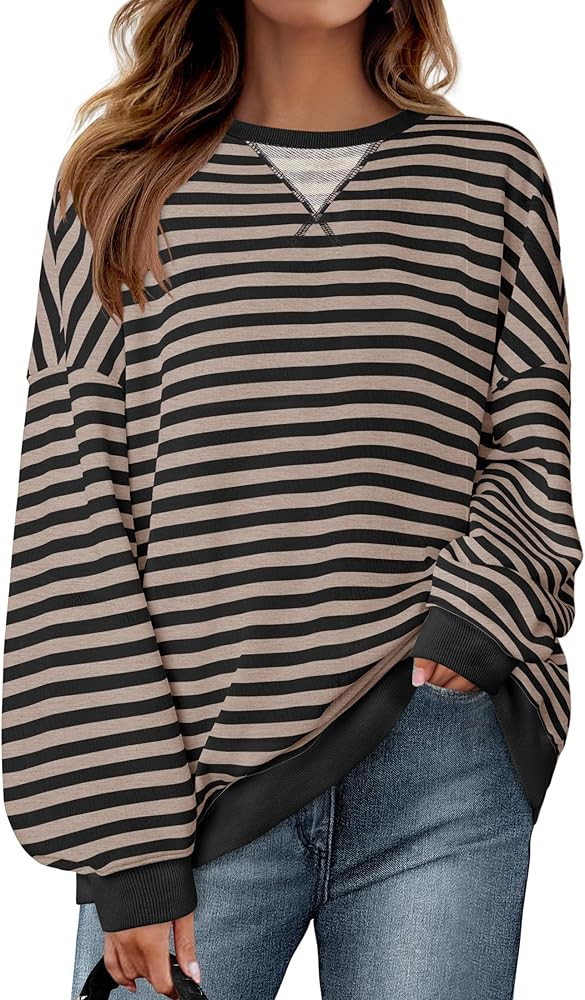 ZESICA Womens Casual Striped Pullover Tops Long Sleeve Shirts Crewneck Oversized Sweatshirts 2024... | Amazon (US)
