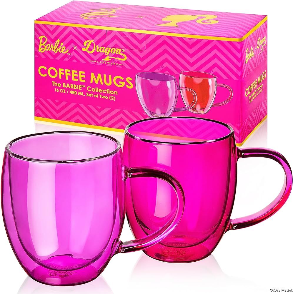 Dragon Glassware x Barbie Glass Coffee Mugs, Pink and Magenta Double Wall Insulated Cups, Keeps B... | Amazon (US)