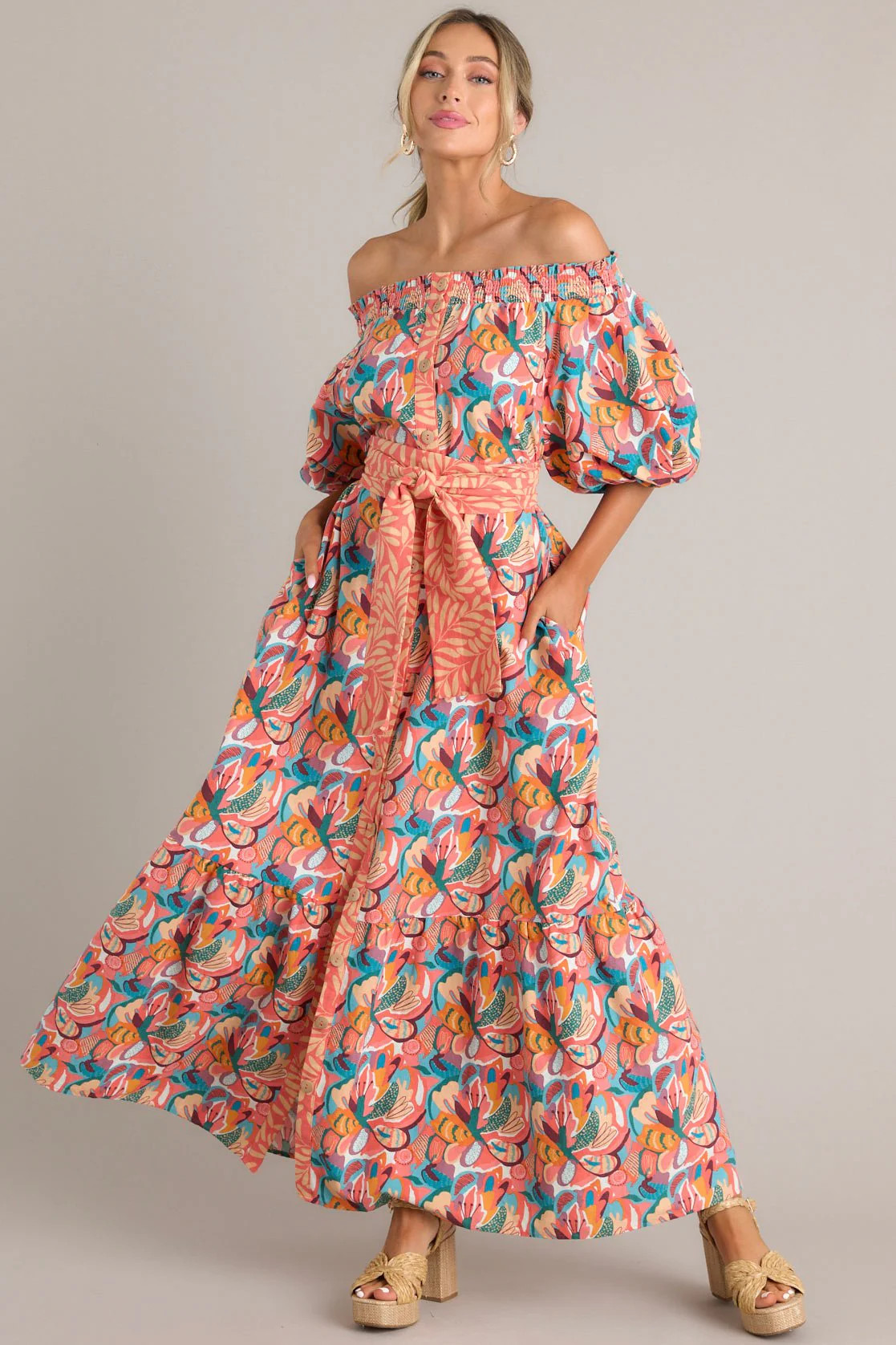 Good Flows To Me Coral Floral Print Maxi Dress | Red Dress
