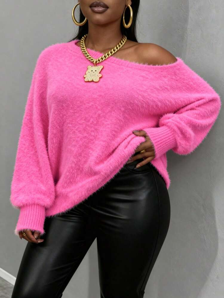 Luxury Chic CURVE Plus Size Women's Fuzzy Knit Pullover Sweater With Long Drop Shoulder Sleeves Rib-Knit Details Round Neck Cozy Warm Knitwear Top For Fall Winter Casual Streetwear And Holiday Outfits | SHEIN