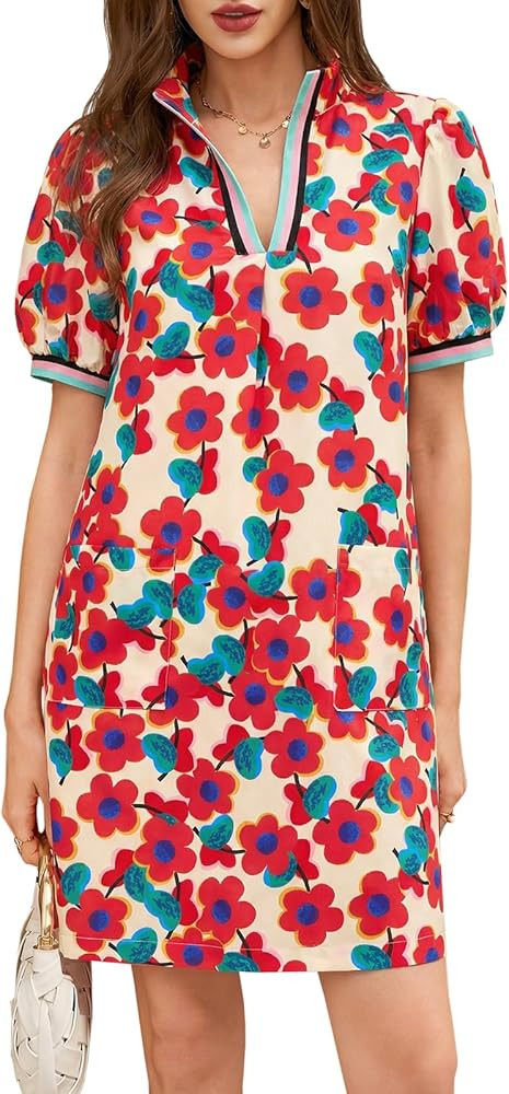 Wenrine Womens Summer Mini Dress Casual Puff Sleeve Floral V Neck Loose Boho Beach A Line Dresses... | Amazon (US)