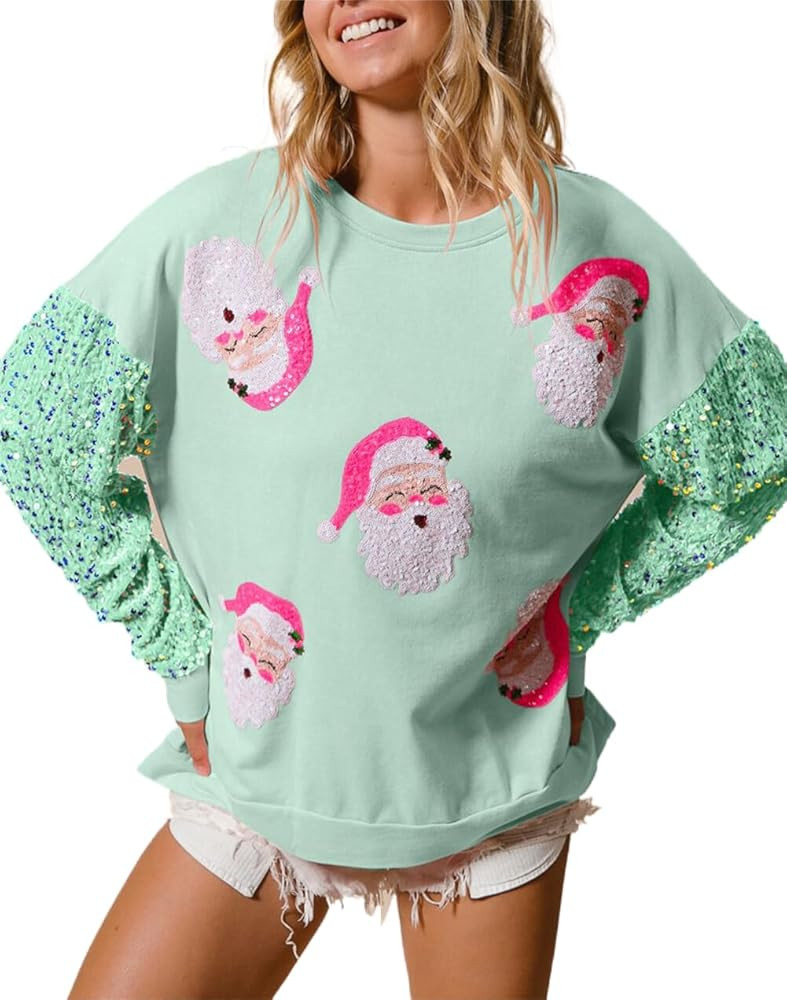 YBHUO Womens Sequin Christmas Sweatshirt Santa Claus Crewneck Long Sleeve Casual Pullover Tops at... | Amazon (US)