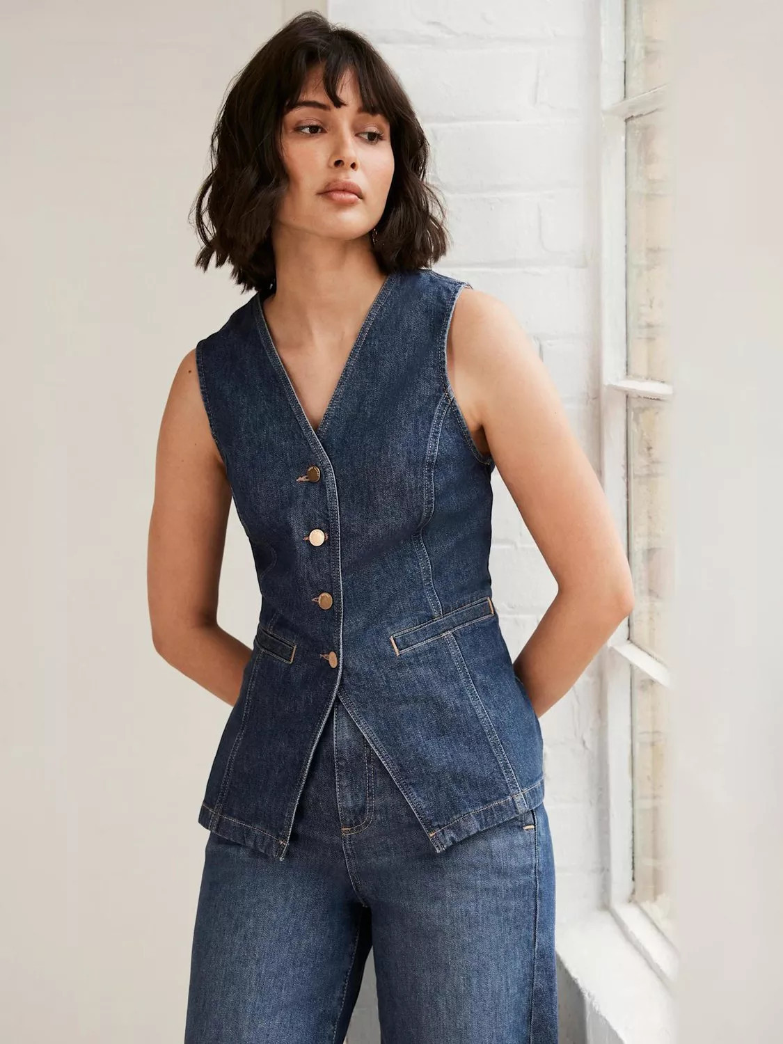 Mint Velvet High Neck Denim Waistcoat, Blue | John Lewis (UK)