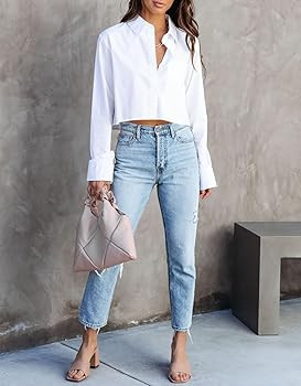 INFITTY Women's Button Down Cropped Shirts Long Sleeve Casual Crop Tops Loose Fit Cotton Lapel Bl... | Amazon (US)