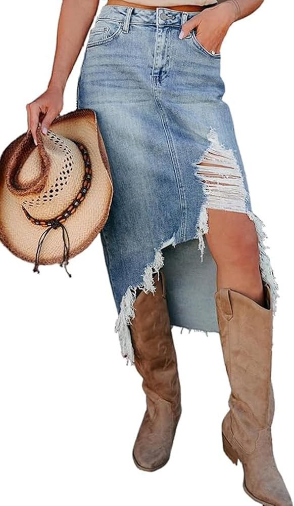 Pinclodly Denim Skirt for Women Ripped Distressed Jean Skirt Stretch Zip Fly High Waist Denim Sko... | Amazon (US)