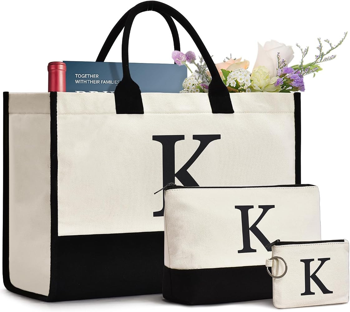 Initial Canvas Tote Bag Birthdays Gift for Women Mom Teacher Friend Bridesmaid,Custom for Wedding... | Amazon (US)