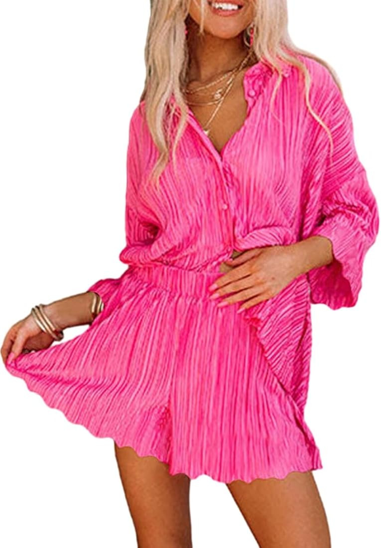Astylish Womens Pajama Sets Soft Pleated Button Down Shirt Shorts 2 Piece Lounge Set | Amazon (US)